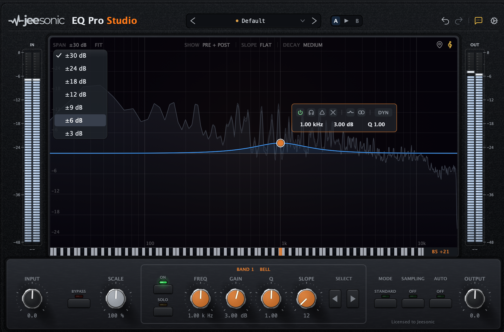The SPAN menu with its steps down to 3 dB